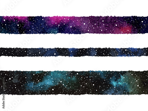 Cosmic, cosmos vector watercolor hand drawn backgrounds. Elongated stripes, long streaks, rectangle banner shapes, text frames, starry borders. Colorful watercolour galaxy or night sky with stars.