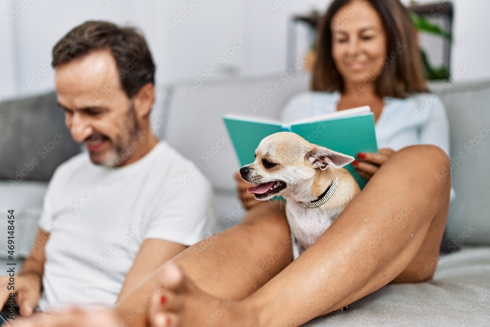 Middle age man and woman couple using laptop and reading book sitting on sofa with chihuahua at home