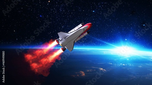 Fototapeta Naklejka Na Ścianę i Meble -  Space shuttle in outer space on dark background. Rocket with astronauts. 3D Rendering.
