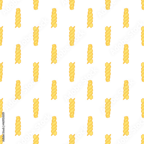 Fusilli paste pattern, yellow in a flat style. seamless pattern of dry short paste twisted into a spiral. Vector pattern of one dry yellow paste, drawn in sketch style. italian fusilli for packaging