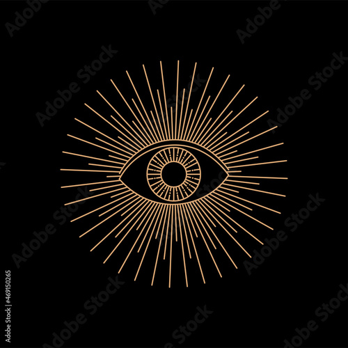Mystical eyes in line art style on black background. Ritual sign. Magic rite. T-shirt print.