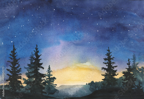 Spruce forest landscape with night star sky watercolor illustration in the morning