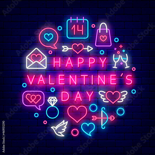 Happy Valentines Day neon circle layout with headline text. Isolated vector stock illustration