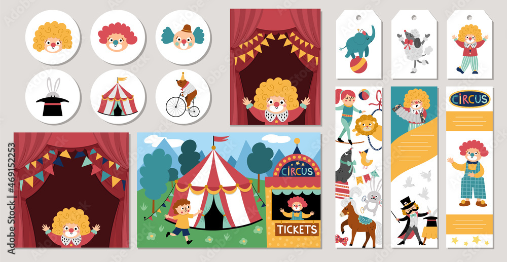 Cute set of circus cards with clown, artists, animals. Vector street show square, round, vertical print templates. Amusement park or birthday party design for tags, postcards, ads.