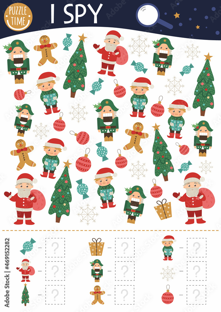 Christmas I spy game for kids. Searching and counting activity for preschool children with traditional New Year objects. Funny winter printable worksheet for kids. Simple holiday spotting puzzle..