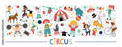 Vector horizontal set with cute circus animals, objects, artists. Street show elements, clowns, marquee. Festival card template border design for banners, invitations. Cute carnival illustration.