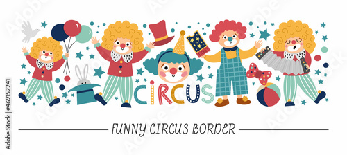 Vector horizontal border set with cute clowns. Street show card template design with funny circus artists, balloons, stars. Festival, children holiday, birthday or carnival border for kids.
