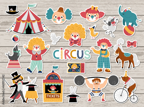 Circus stickers collection. Big vector sticker pack with street show artists, clowns, marquee, animals. Festival or carnival patches pack. Holiday icons for kids with bear on bike, illusionist