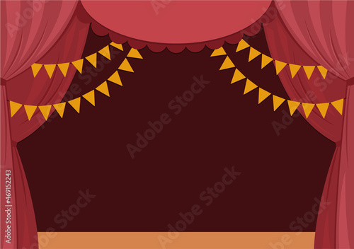Vector theater or circus stage with red curtains, flags and place for text. Concert scene background. Flat hall decoration. Holiday event or entertainment show presentation or card design.