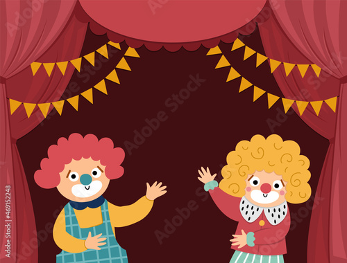 Vector circus stage with red curtains, flags, clowns and place for text. Concert scene background. Flat hall decoration. Holiday event or entertainment show presentation or card design.