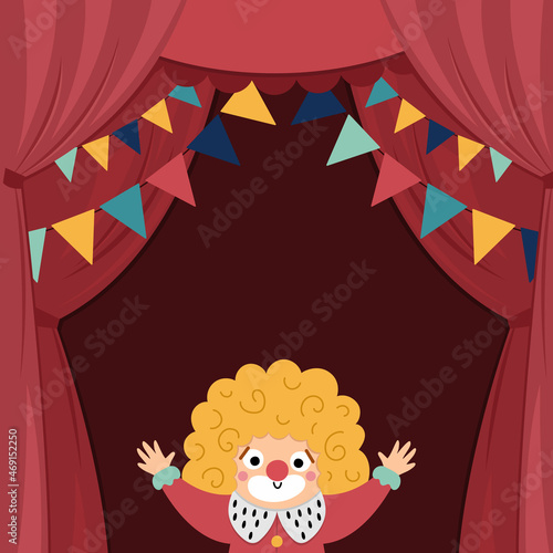 Vector circus stage with red curtains, flags, clown and place for text. Square concert scene background. Flat hall decoration. Holiday event or entertainment show presentation or card design.