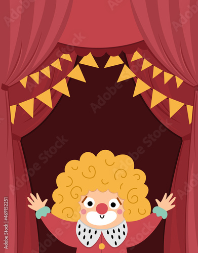 Vector circus stage with red curtains, flags, clown and place for text. Vertical concert scene background. Flat hall decoration. Holiday event or entertainment show presentation or card design.