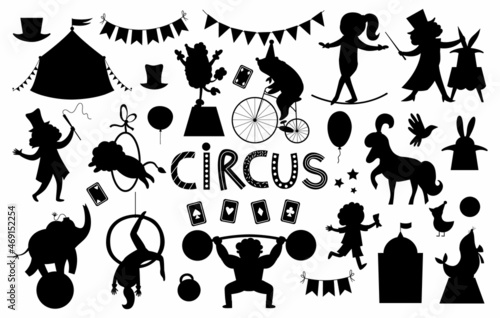 Circus characters and objects silhouettes collection. Big black and white vector set with gymnast, animals, athlete, illusionist. Marquee, flags. Street show or holiday party shadows pack.