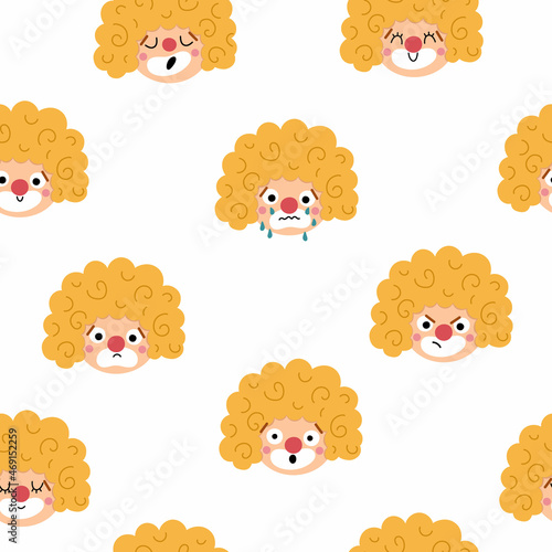Vector seamless pattern with clown faces showing feelings and emotions. Circus artists repeat background. Amusement heads digital paper. Street show comedians texture.