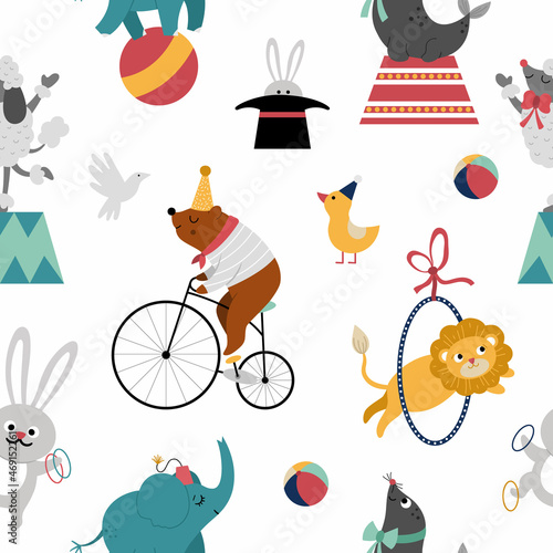 Vector seamless pattern with circus animals. Amusement holiday repeat background. Digital paper with cute funny festival characters. Street show comedians texture with elephant, bear on bike.