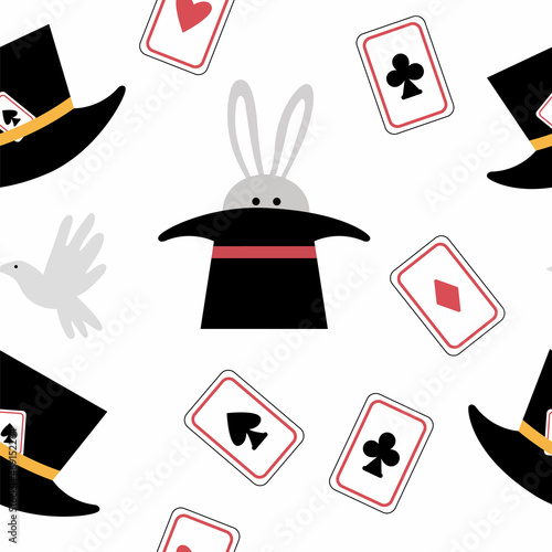 Vector circus or magical illusionist show seamless pattern. Repeat background with magician hat, playing cards, doves. Wizard or juggler equipment digital paper.