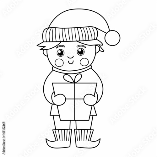 Vector black and white happy boy holding a present. Cute winter elf kid line illustration or coloring page. Funny outline icon for Christmas, New Year or winter design.
