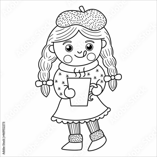 Vector black and white happy girl with long hair in plaits holding a mug with hot drink. Cute winter kid illustration or coloring page. Funny outline icon for Christmas, New Year, winter design.