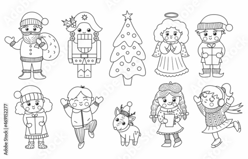 Vector set of black and white Christmas characters. Cute winter Santa Claus with sack, Angel, Elf, Nutcracker illustration or coloring page. Funny outline New Year or winter icon pack.