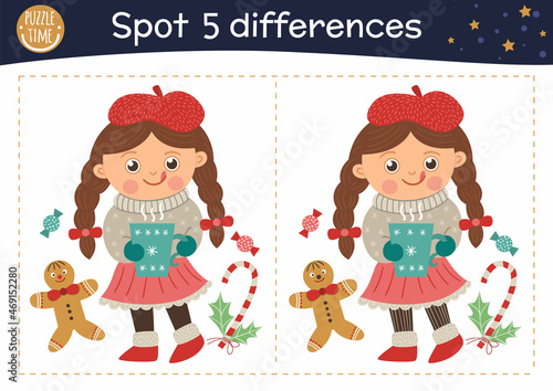 Christmas find differences game for children. Winter educational activity with funny girl, gingerbread man, hot drink. Printable worksheet with smiling kid. Cute New Year puzzle for kids.