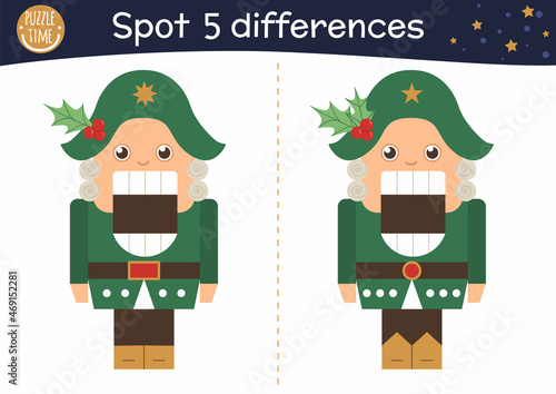 Christmas find differences game for children. Winter educational activity with funny Nutcracker. Printable worksheet with fairytale character. Cute New Year puzzle for kids.