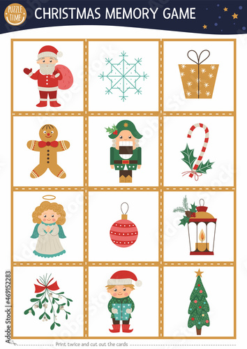Christmas memory game cards with traditional holiday symbols. Matching activity with funny characters. Remember and find correct card. Simple winter printable worksheet for kids. .