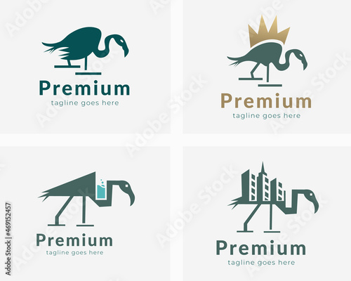 Fototapeta Naklejka Na Ścianę i Meble -  Minimal Egret Logo design set. Egret with King, Juice, and real estate egret Logo design.