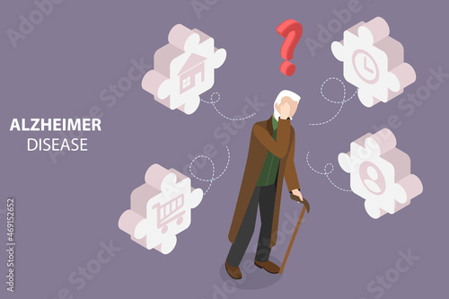 3D Isometric Flat Vector Conceptual Illustration of Alzheimer Disease, Elderly Memory Loss and Brain Treatment