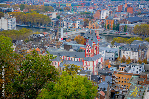 Close-up of Liege, Belgium with Meuse river, Collegiate Church of St. Bartholomew & the Grand Curtius Museum