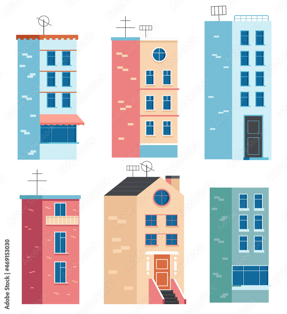 Buildings town city isolated flat cartoon set Buildings town city isolated flat cartoon set
