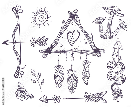 Boho hand drawn indian element design collection set