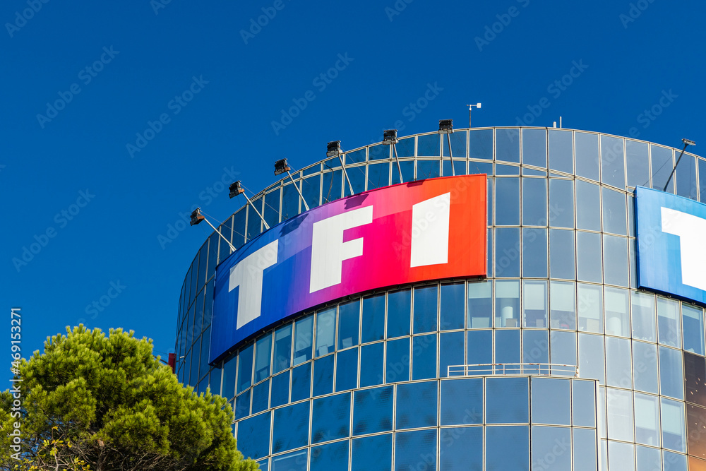 TF1 logo on the facade of TF1 headquarters building Photos | Adobe Stock