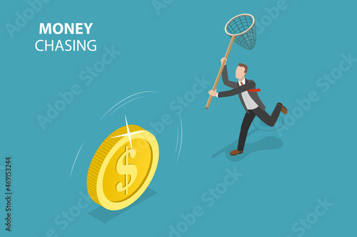 3D Isometric Flat Vector Conceptual Illustration of Money Chasing, Business Opportunities and Financial Success