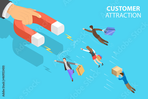 3D Isometric Flat Vector Conceptual Illustration of Customer Attraction, Client Retention Strategy, Digital Inbound Marketing