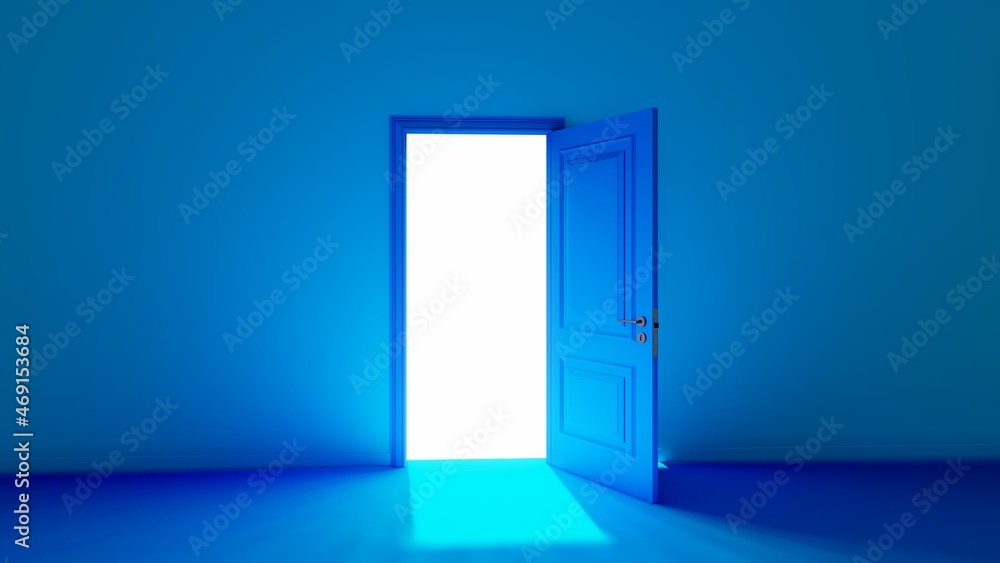 Blue Room with the door open for a sky. Door to heaven. 3D Rendering.

