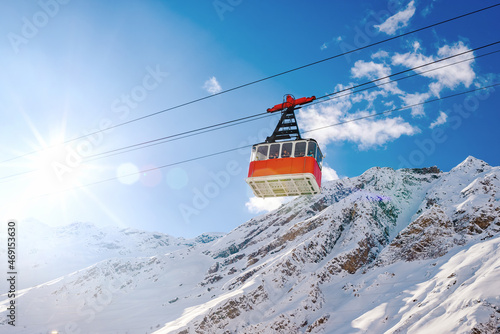 Russia, Azau Polyana, Elbrus region - January 20, 2019: Cableway cabin 