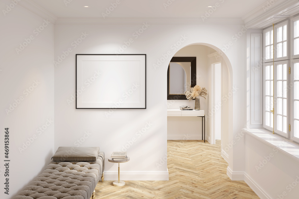 White modern classic interior with blank horizontal poster