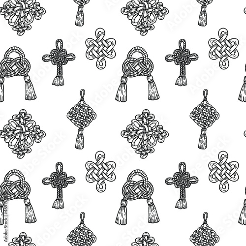 Hand drawn seamless pattern with chinese knots, monochrome ornament  photo