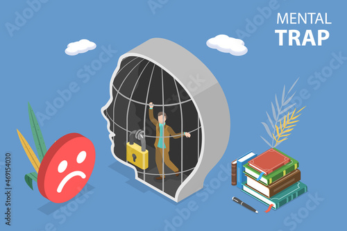 3D Isometric Flat Vector Conceptual Illustration of Mental Trap, Young Sad Man Locked in the Cage of His Mind
