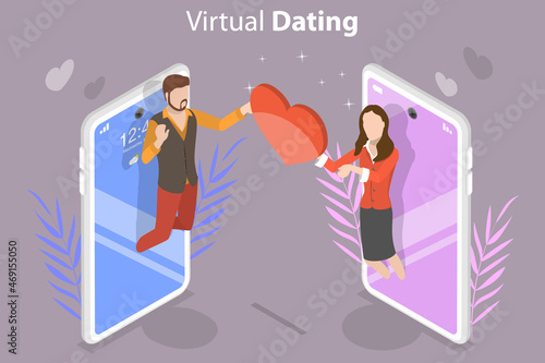 3D Isometric Flat Vector Conceptual Illustration of Virtual Dating, Online Romantic Relationship