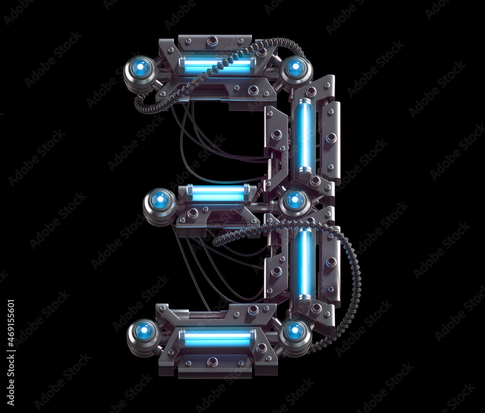 Metallic futuristic font with blue neon lights. Number 3 . Metallic futuristic font with blue neon lights. Number 3 .