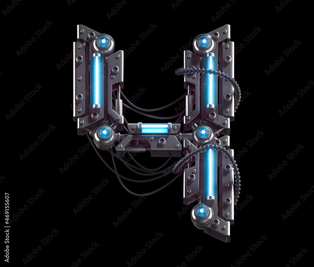 Fototapeta premium Metallic futuristic font with blue neon lights. Number 4.