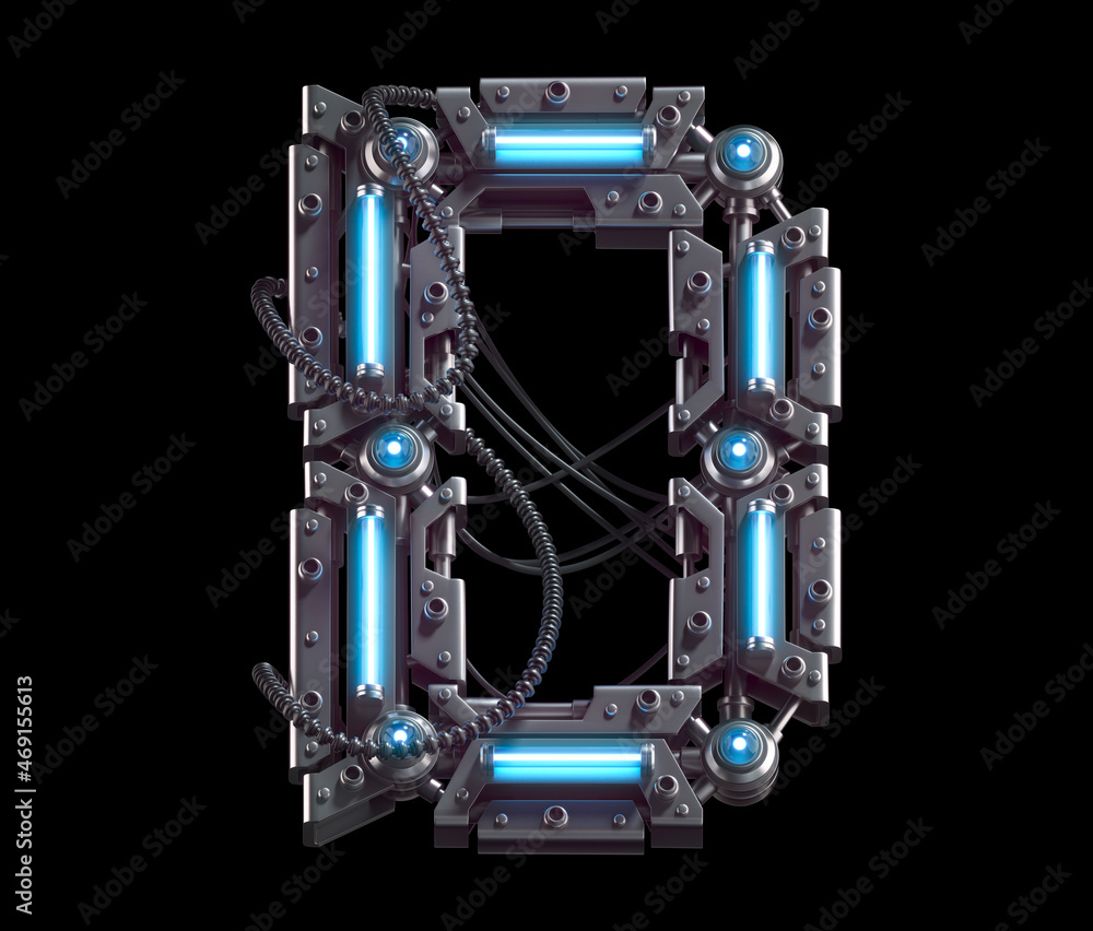Metallic futuristic font with blue neon lights. Letter D. Metallic futuristic font with blue neon lights. Letter D.