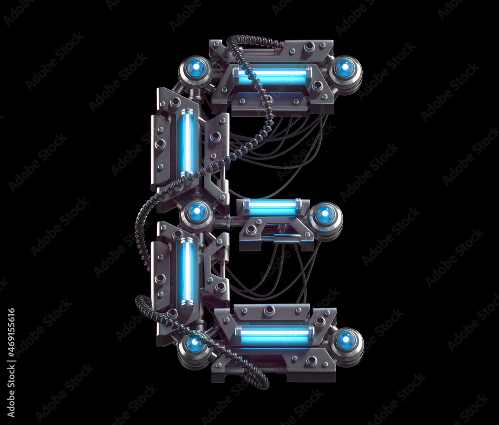 Metallic futuristic font with blue neon lights. Letter E. Metallic futuristic font with blue neon lights. Letter E.