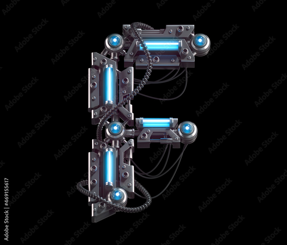 Naklejka premium Metallic futuristic font with blue neon lights. Letter F.