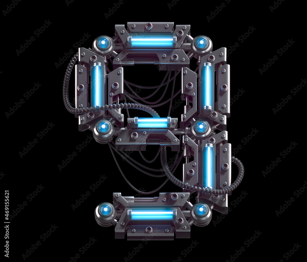 Fototapeta premium Metallic futuristic font with blue neon lights. Number 9.
