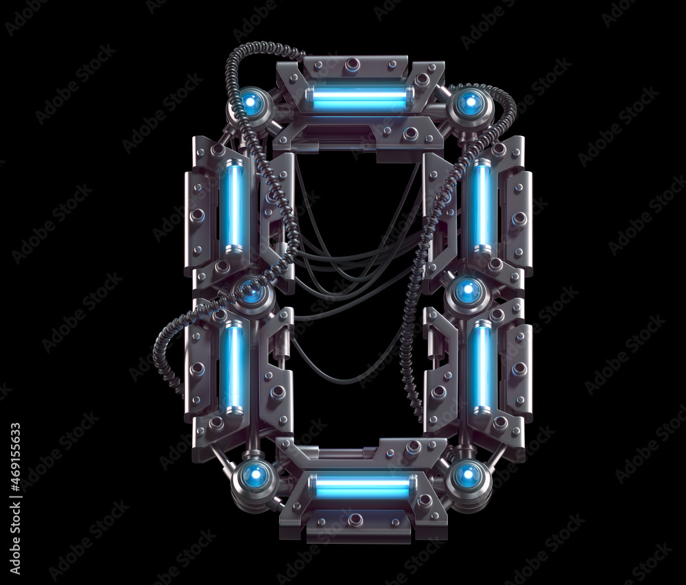 Metallic futuristic font with blue neon lights. Letter O. Metallic futuristic font with blue neon lights. Letter O.