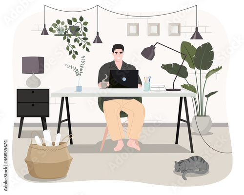 Freelance people work in comfortable conditions vector flat illustration. Freelancer character working from home or beach at relaxed pace, convenient workplace. Man and woman self employed concept