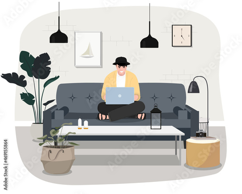 Freelance people work in comfortable conditions vector flat illustration. Freelancer character working from home or beach at relaxed pace, convenient workplace. Man and woman self employed concept