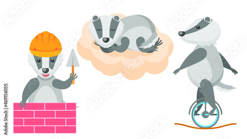 Set Abstract Collection Flat Cartoon  Different Animal Badgers Sleeping On A Cloud, Circus Performer On A Wheel, Builder In Helmet With Bricks Vector Design Style Elements Fauna Wildlife © Дмитрий